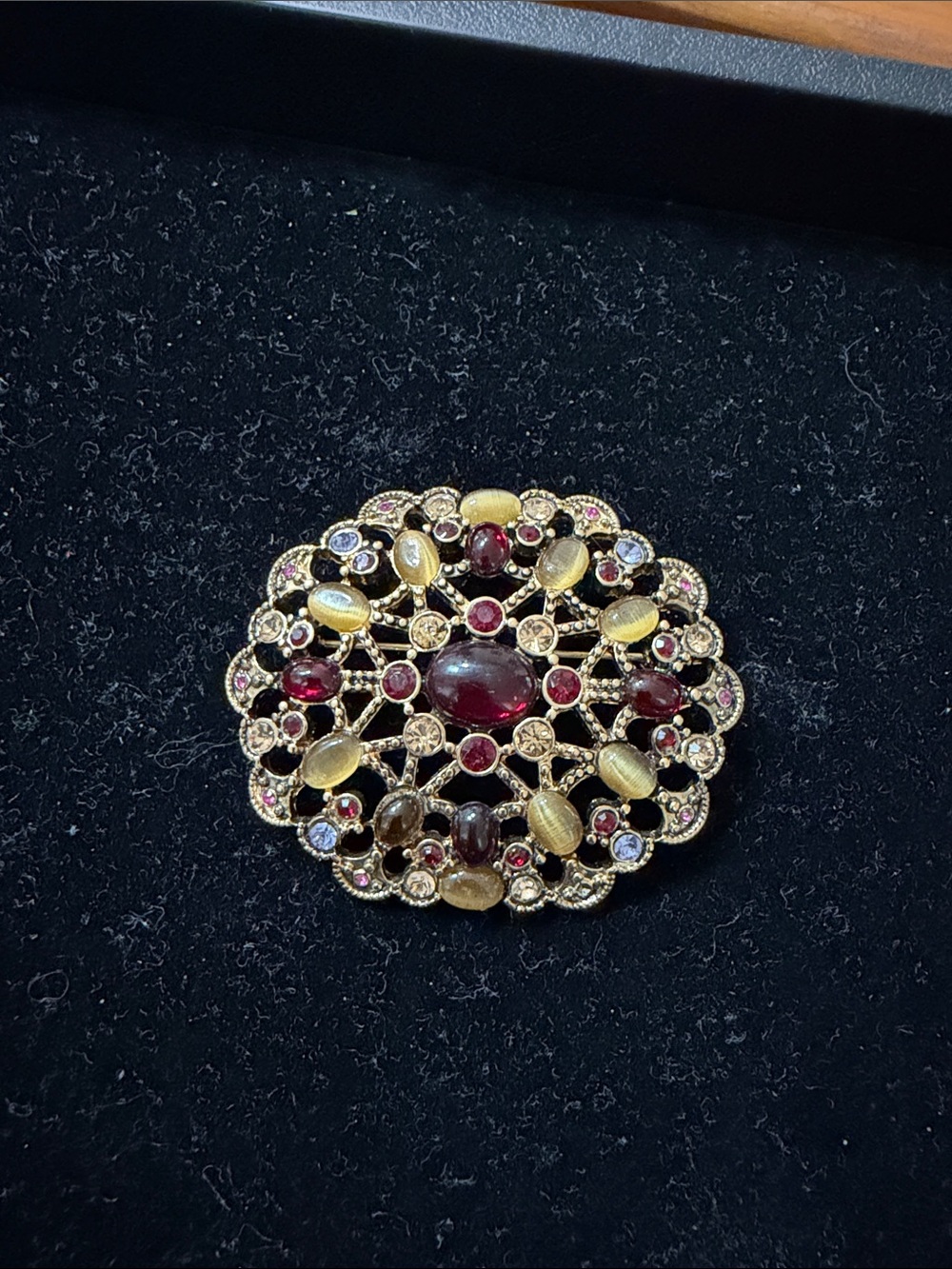 Vintage Monet Gold-Tone Floral Filigree Brooch w/ Garnet/Amber Colored Stones